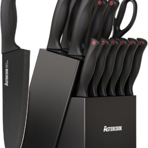 Astercook Knife Set for Kitchen with Block and Sharpener 15pcs German | Stainless Steel Kitchen Utensils Set Dishwasher Safe